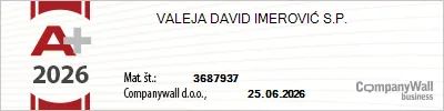 CompanyWall certifikat bonitetne odličnosti A+ 2026 — Valeja David Imerović s.p.