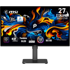 Zaslon MSI PRO MAX 271UPX12G / 67,3 cm (26,5") / 3840x2160 (UHD) / QD-OLED / 120Hz / 0.03 ms (GTG) / 250 nits / 1500000:1 / KVM / nastavljiv po višini