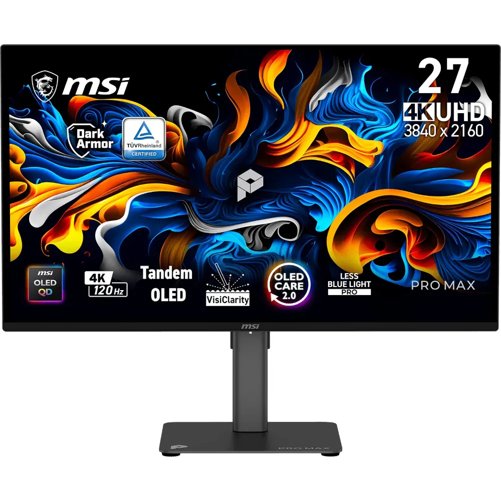 Zaslon MSI PRO MAX 271UPX12G / 67,3 cm (26,5") / 3840x2160 (UHD) / QD-OLED / 120Hz / 0.03 ms (GTG) / 250 nits / 1500000:1 / KVM / nastavljiv po višini