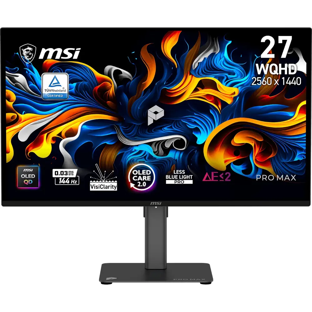 Zaslon MSI PRO MAX 271QPX14G / 68,6 cm (27") / 2560x1440 (WQHD) / QD-OLED / 144 Hz / 0,03 ms (GTG) / 200 (do 400) nits / 1500000:1 / nastavljiv po višini